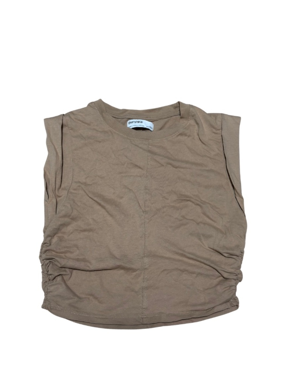 Bershka Ruched Crop Top Women’s S Tan Beige Sleeveless Cotton Tee